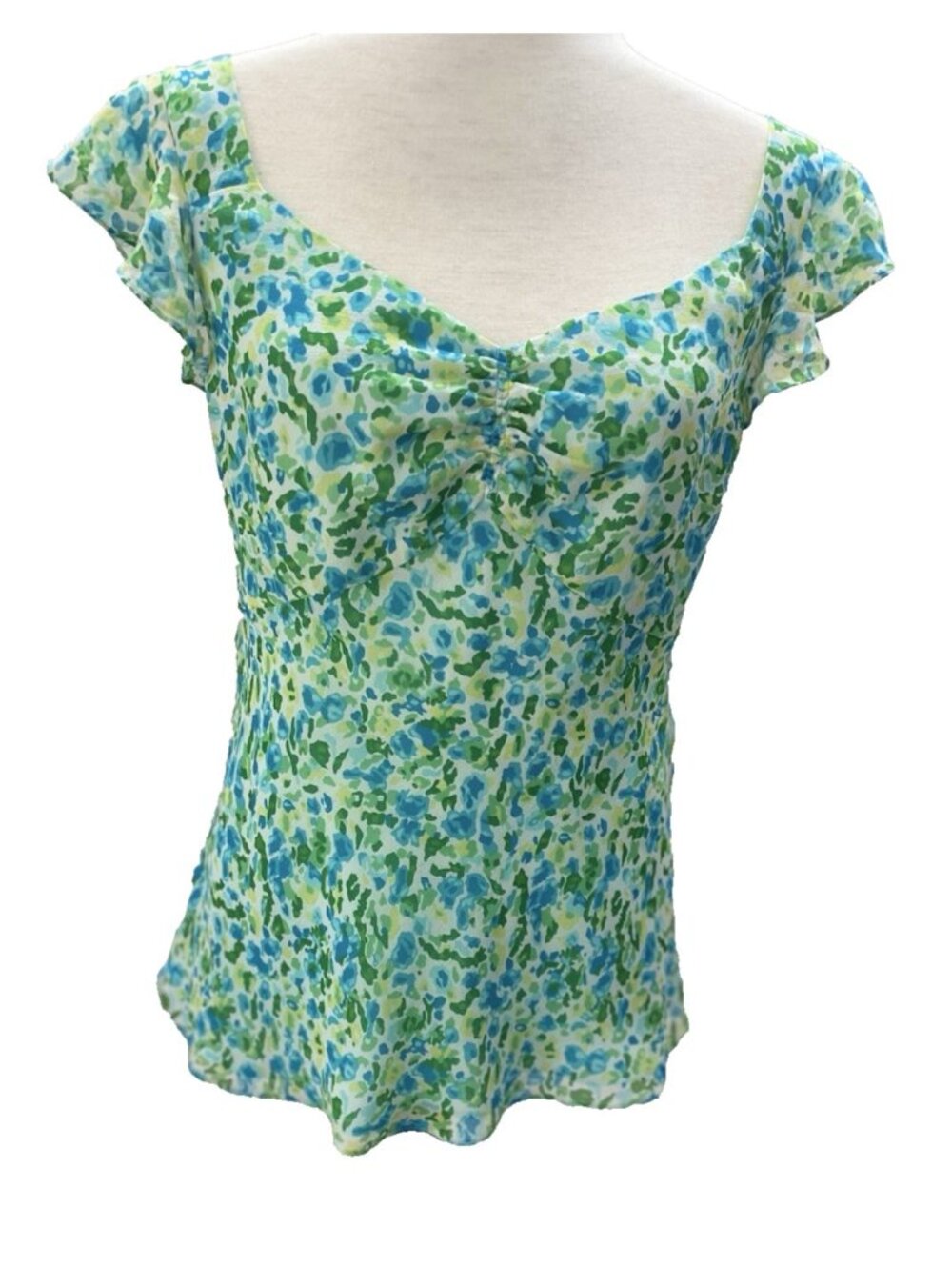 VTG Y2K Ann Taylor Silk Top Womens Size 12 Green Floral Babydoll Fairy Coquette